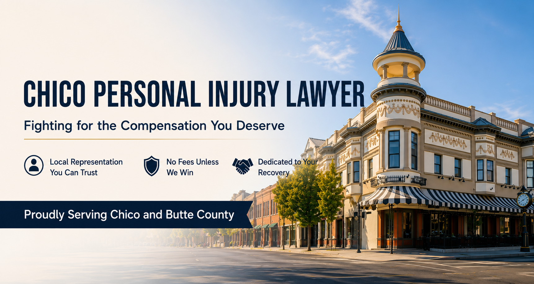 Chico personal injury lawyer message over a downtown Chico street scene, highlighting local representation and service to Butte County.